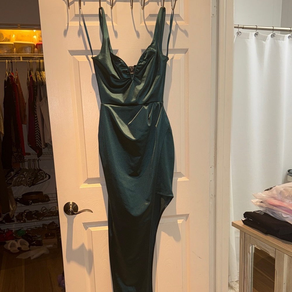 Windsor Emerald Satin Asymmetric Slip Dress